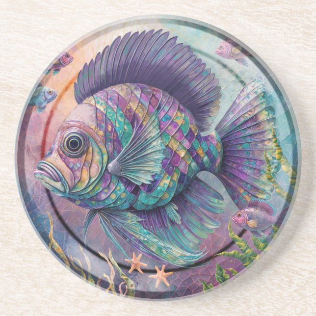 Fish Mosaic Circular Sandstone Coaster Underlägg (Framsidan)