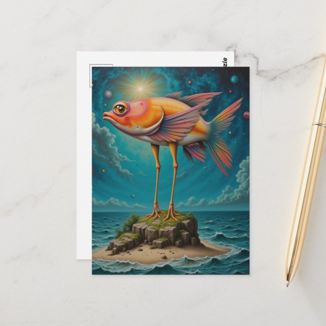 Fish With Bird Legs on Tiny Island Surreal Vykort (Fram/Back In Situ)