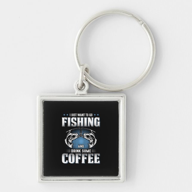 Fisher go fiska och dricka lite kaffe fyrkantig silverfärgad nyckelring (Framsidan)