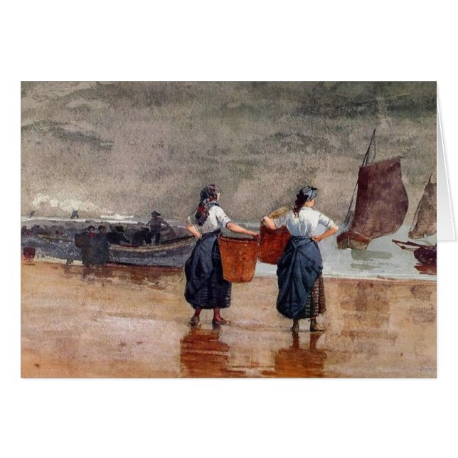 Fishergirls på stranden hälsningskort (Framsidan Horizontal)