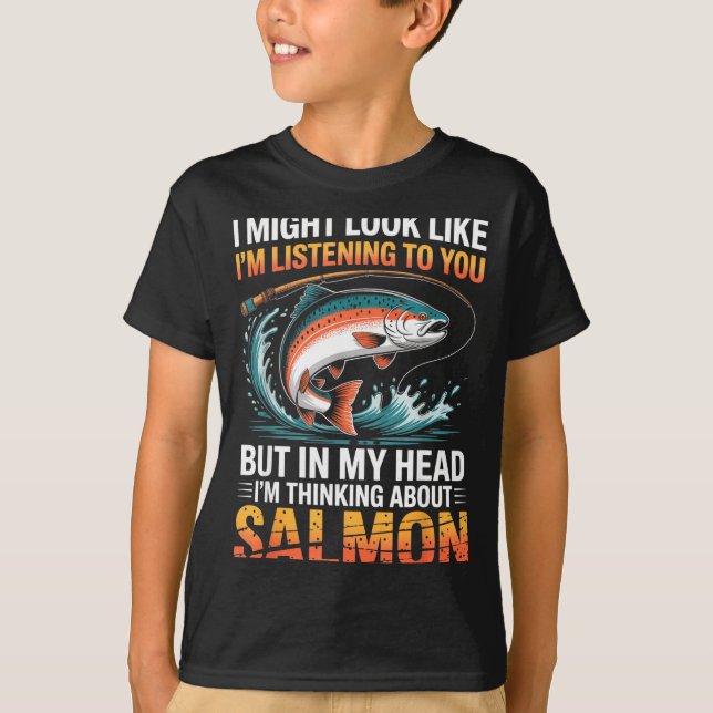 Fisherman Fish Angler Thinking About Salmon Fishin T Shirt (Framsida)