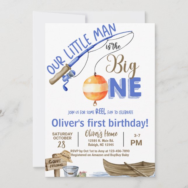 Fisherman / fishing boy 1st birthday invitation. inbjudningar (Framsida)