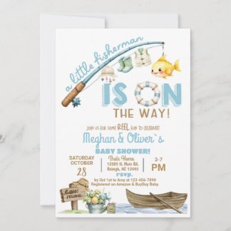 Fisherman / fishing boy reel fun baby shower. inbjudningar