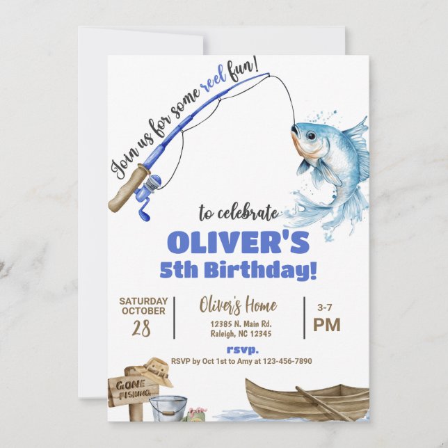 Fisherman / fishing boy reel fun birthday invite. inbjudningar (Framsida)