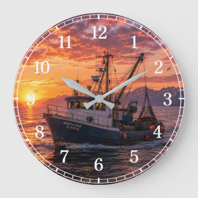 Fishing Boat Wall Clock — Coastal Landscape Design Stor Klocka (Framsida)