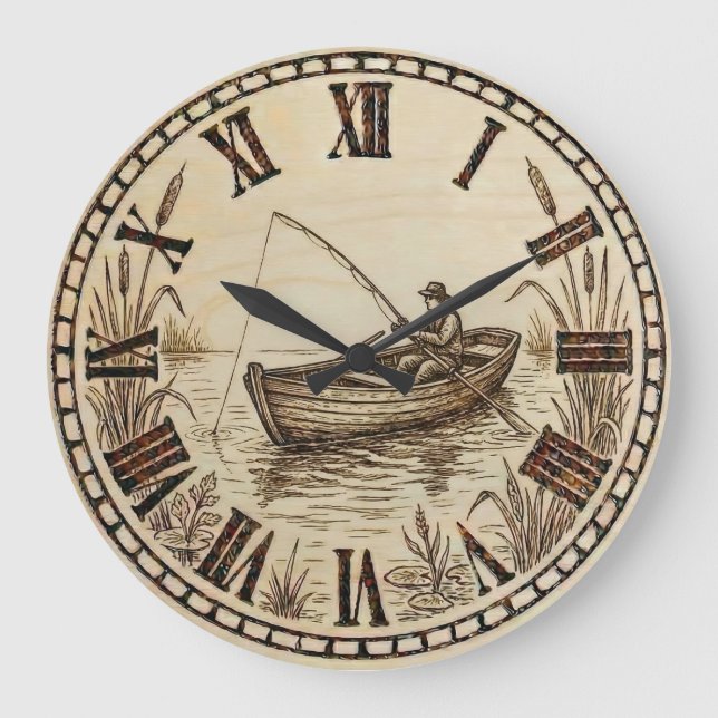 Fishing Boat Wall Clock – Wood-Burned Style Stor Klocka (Framsida)