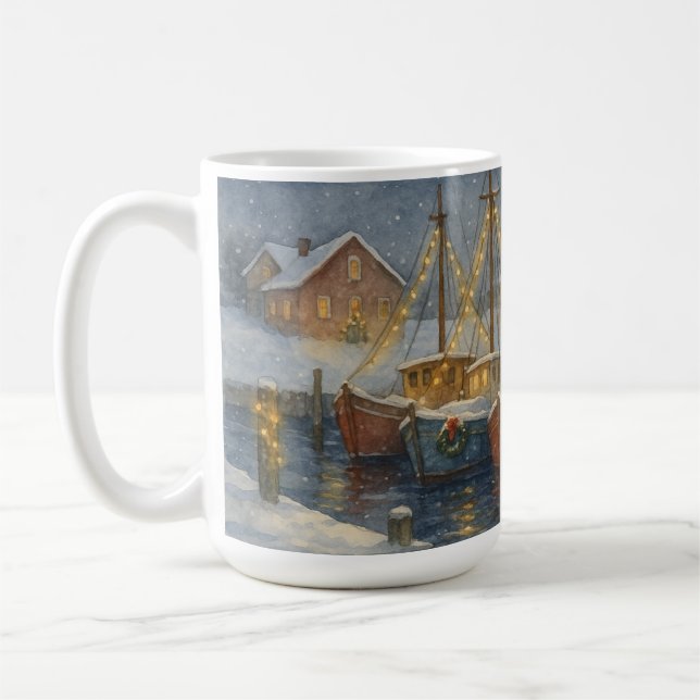 Fishing Boats in Harbor Christmas Kaffemugg (Vänster)