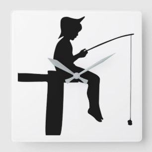 Fishing Boy Silhouette Fyrkantig Klocka