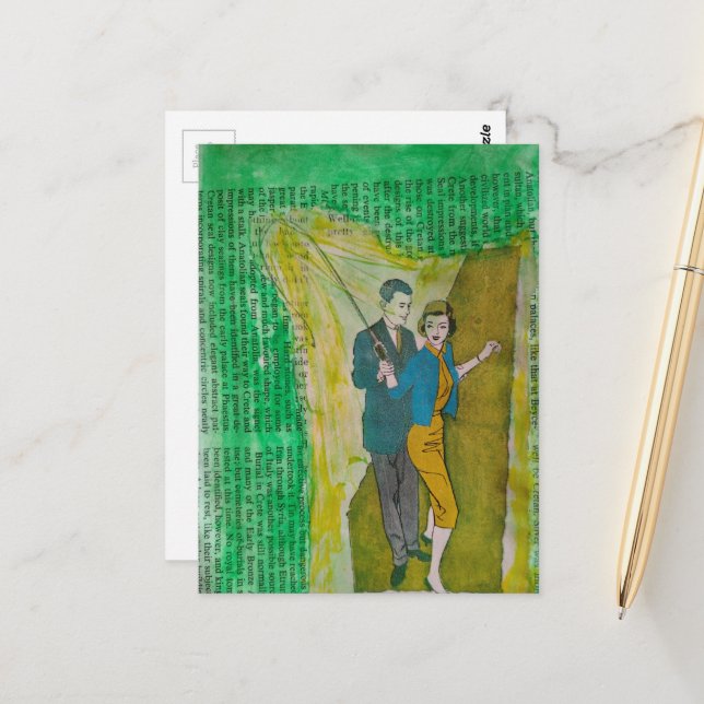 Fishing Couple from 1930s era collage Vykort (Fram/Back In Situ)