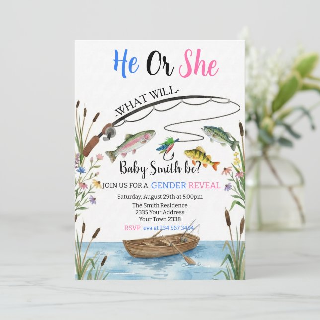 Fishing Gender Reveal Invitation, Fish-HE Fish-SHE Inbjudningar (Stående Fram)