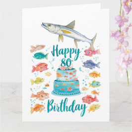 Fishing Lover 80th Birthday Watercolor Kort