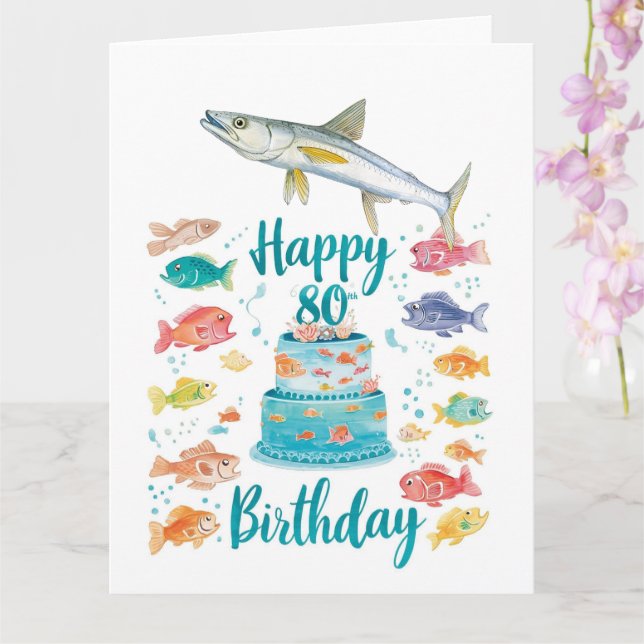 Fishing Lover 80th Birthday Watercolor  Kort (Orkide)