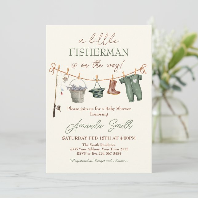 Fishing Reel Excited Boy Baby Shower Invitation Inbjudningar (Stående Fram)