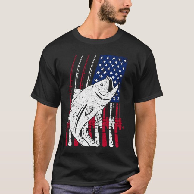 Fishing Rod and American Flag T Shirt (Framsida)