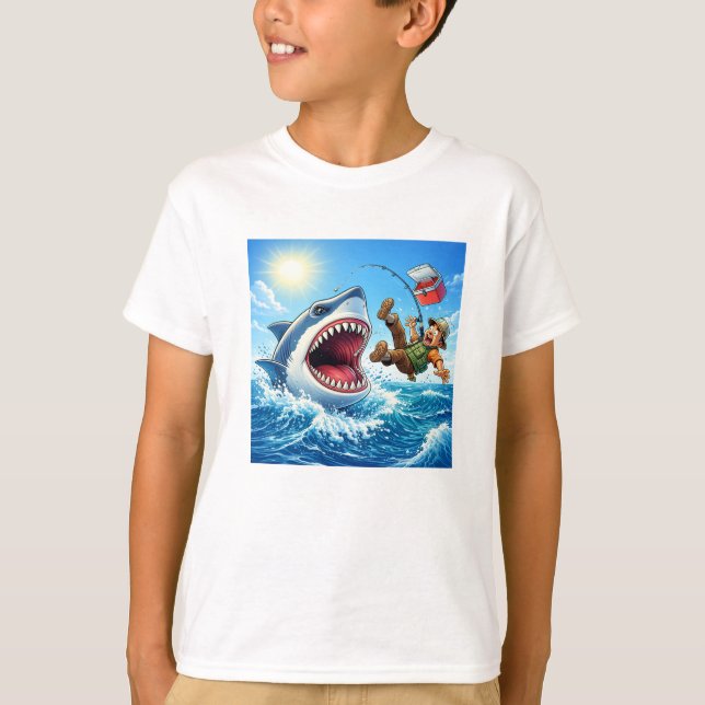 Fishing Shark Cartoon T Shirt (Framsida)