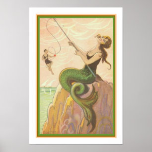 "Fishing Sjöjungfru" Art Deco Print ca. 1928 Poster