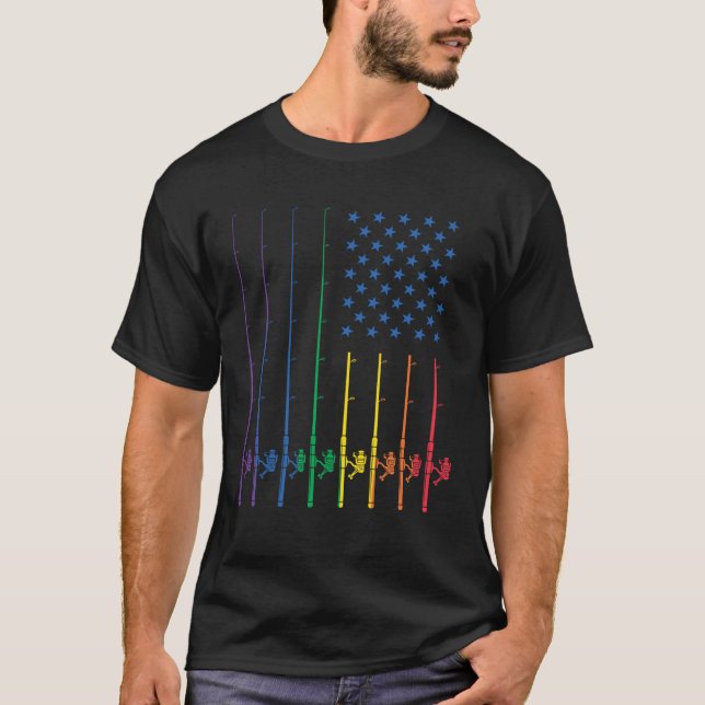 Fishing Spinning Rod LGBT Rainbow Pride USA Americ T Shirt (Framsida)