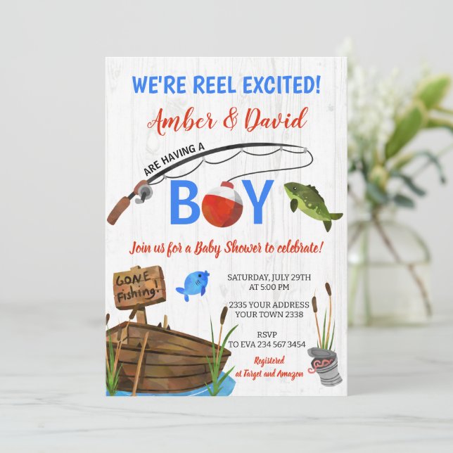 Fishing Themed Reel Excited Baby Shower  Inbjudningar (Stående Fram)