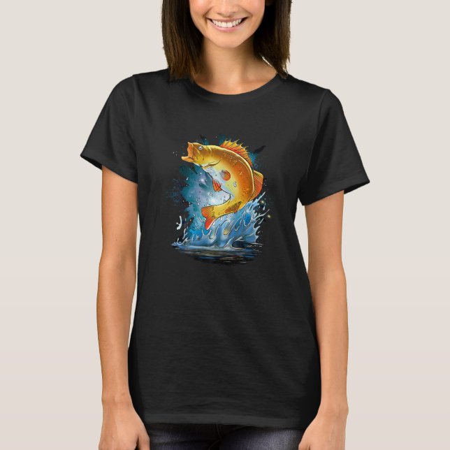 Fisk Abborre Hoppade Ur Vattnet Fiskare T Shirt (Framsida)