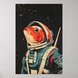 Fisk Astronaut Affisch, Fisk Retro Print, Fisk Poster
