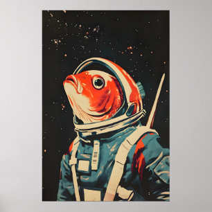 Fisk Astronaut Affisch, Fisk Retro Print, Fisk Poster
