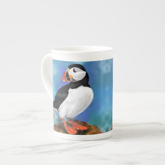 Fisk atlantisk puffin Bird Painting Miged Art Benporslin Mugg (Framsida vänster)