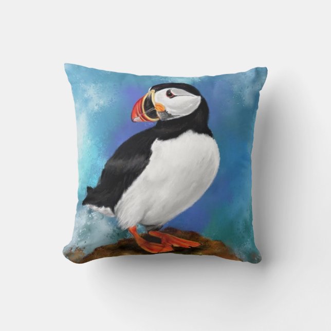 Fisk atlantisk puffin Bird Painting Miged Art Kudde (Framsida)