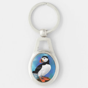 Fisk atlantisk puffin Bird Painting Miged Art Ovalt Silverfärgad Nyckelring
