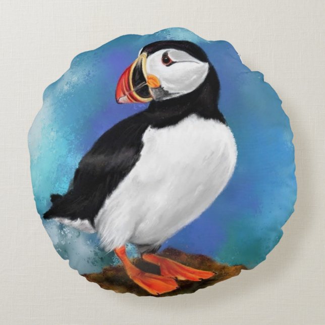 Fisk atlantisk puffin Bird Painting Miged Art Rund Kudde (Baksidan)