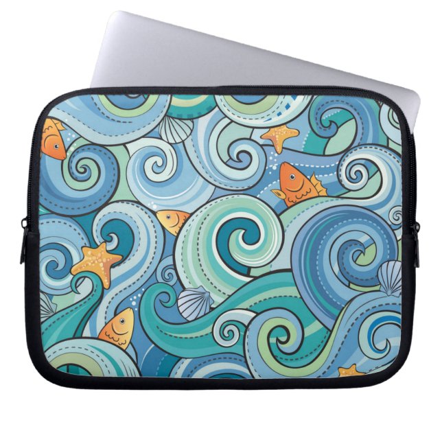 Fisk bland vågarmönster laptop sleeve (Framsidan)
