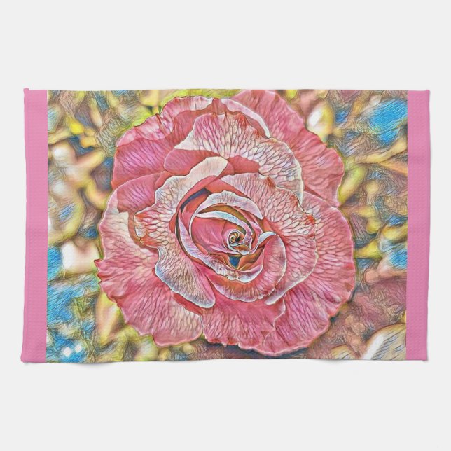 Fisk blommmålning i rosa ros kökshandduk (Horisontell)