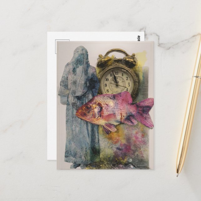 Fisk Clock Person Collage Vykort (Fram/Back In Situ)