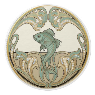 Fisk Grön Crème & Guld Art Deco Nouveau Ocean Hav Knopp