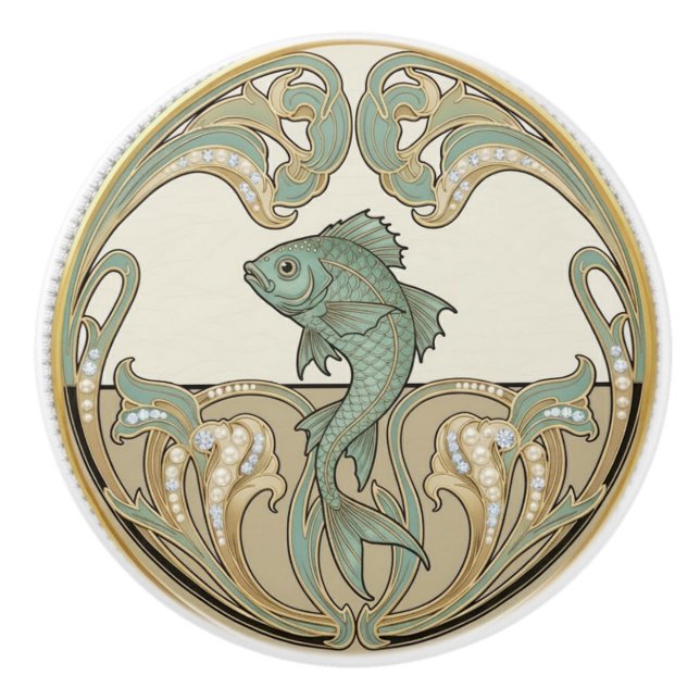 Fisk Grön Crème & Guld Art Deco Nouveau Ocean Hav Knopp (Framsidan)