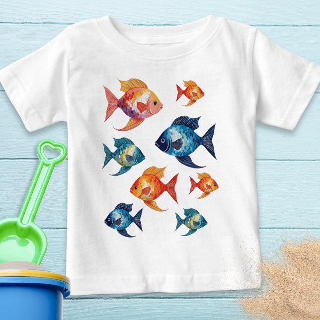 Fisk Havsliv Färgglad Ocean Vilda Liv T Shirt (A cute t-shirt for kids with a design of orange and blue fish. Ideal for the beach and days out)