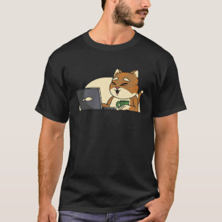 fisk katt dricker kaffe tittar på leptop t shirt