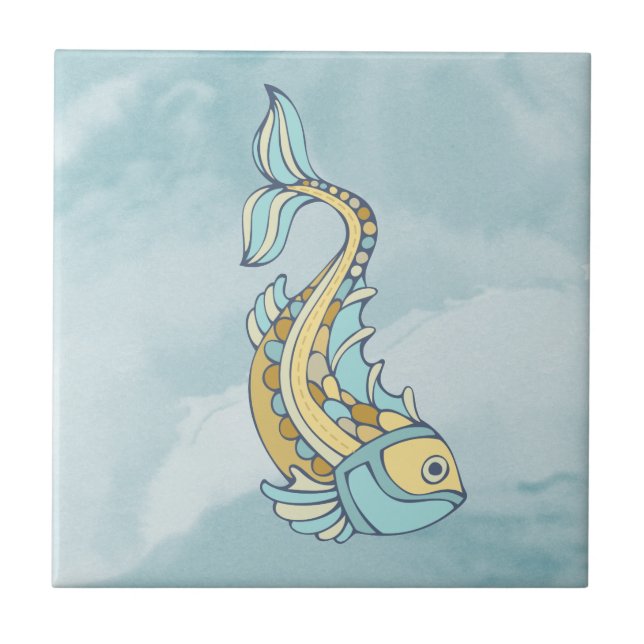 Fisk Konst Blå Mozaik Marin- Kakelplatta (Framsidan)