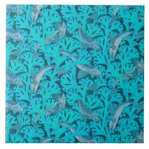 FISK OCH ALGER I AQUA BLUE Art nouveau Mönster Kakelplatta