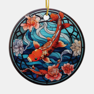 Fisk och Camellias av glasaktigt asiatiskt Stil Ko Julgransprydnad Keramik