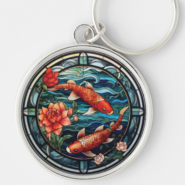 Fisk och Camellias av glasaktigt asiatiskt Stil Ko Rund Silverfärgad Nyckelring (Framsidan)