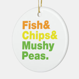 Fisk och Chip och myshi ärtor. Julgransprydnad Keramik