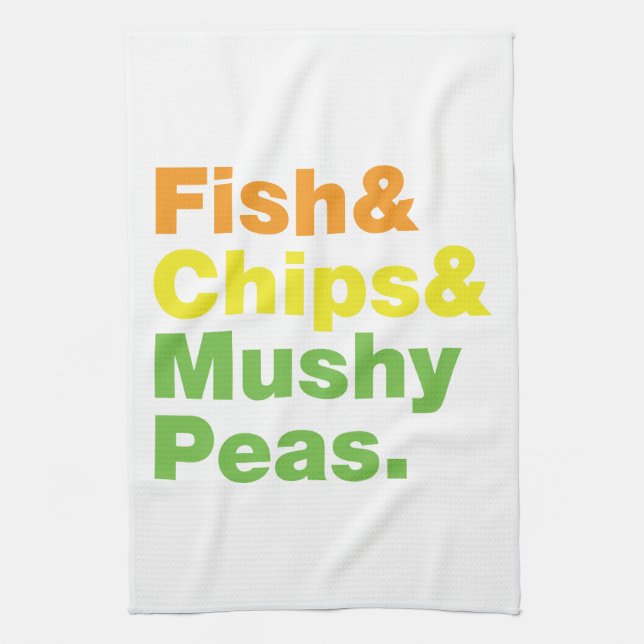 Fisk och Chip och myshi ärtor. Kökshandduk (Vertikal)