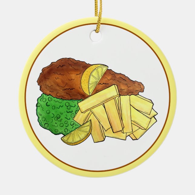 Fisk och Chip Peas British Pub Chip Shop Takeaway Julgransprydnad Keramik (Framsidan)