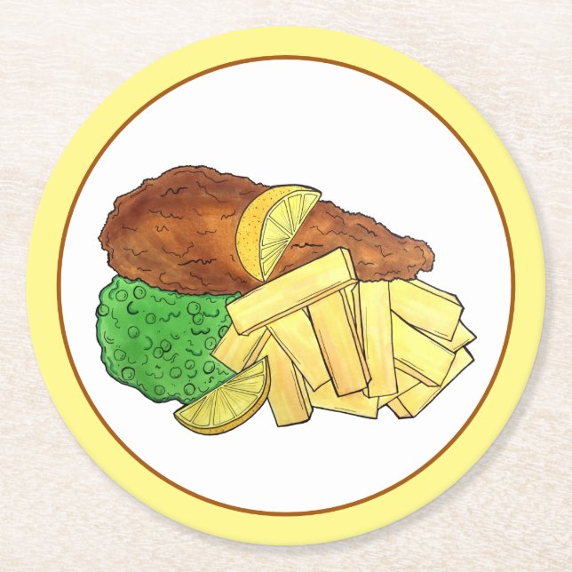 Fisk och Chip Peas British Pub Restaurant Food Underlägg Papper Rund (Framsidan)