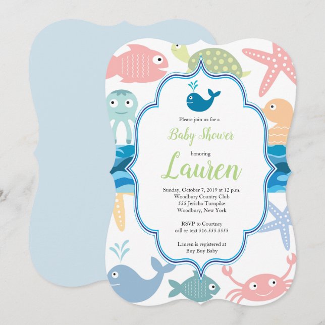 Fisk och havslevande varelser, inbjudan till babyd (Fram/baksida)