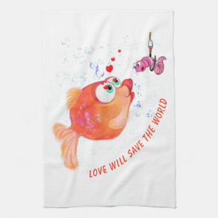 Fisk och Mask Kärlek Romantic Tecknad Teckning Kökshandduk