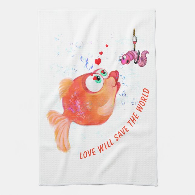 Fisk och Mask Kärlek Romantic Tecknad Teckning  Kökshandduk (Vertikal)