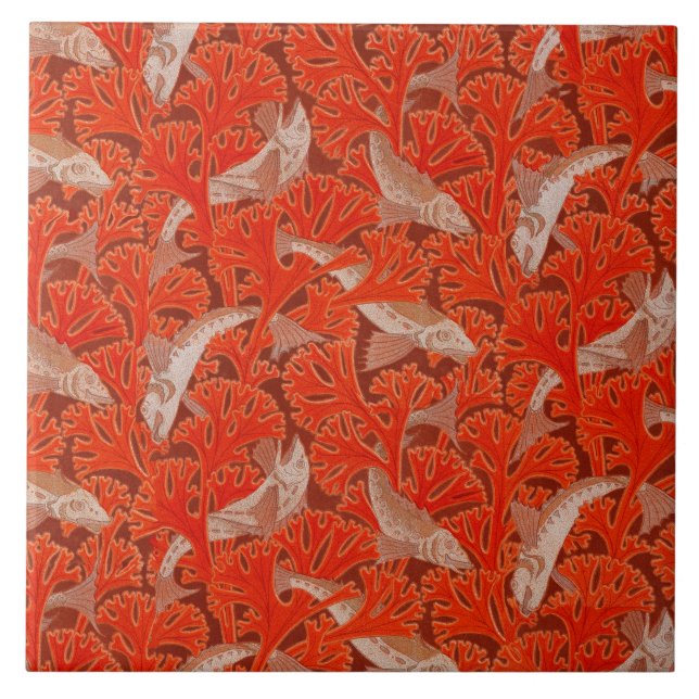 FISK OCH RÖDA ALGER Art nouveau Mönster Kakelplatta (Framsidan)