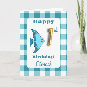 Fisk och skalad Gingham Balloon nummer 1:a födelse Kort