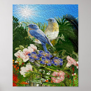 Fisk oljefärg 2 fåglar mellan blommor poster